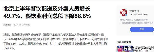观察者网2024-08-29北京上半年餐饮配送及外卖人员增长49.7%,餐饮业利润总额下降88.8% ... 观察者网2024-08-29北京上半年餐饮配送及外卖人员增长49.7%,餐饮业利润总额下降88.8% ...