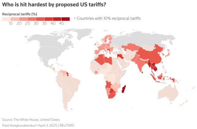 这张地图显示了美国政府对各经济体征收的互惠关税的百分比