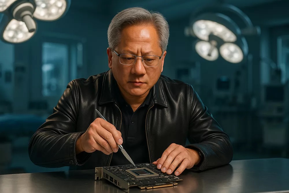 黄仁勋穿着标志性黑色皮衣,站在一个明亮冷色调的现代手术室 黄仁勋穿着标志性黑色皮衣,站在一个明亮冷色调的现代手术室